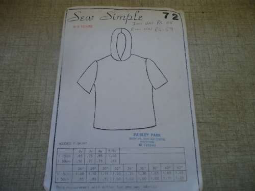 SEW SIMPLE PATTERNS#72  HOODED T SHIRT  SIZE 5 - 6 YEARS  COMPLETE