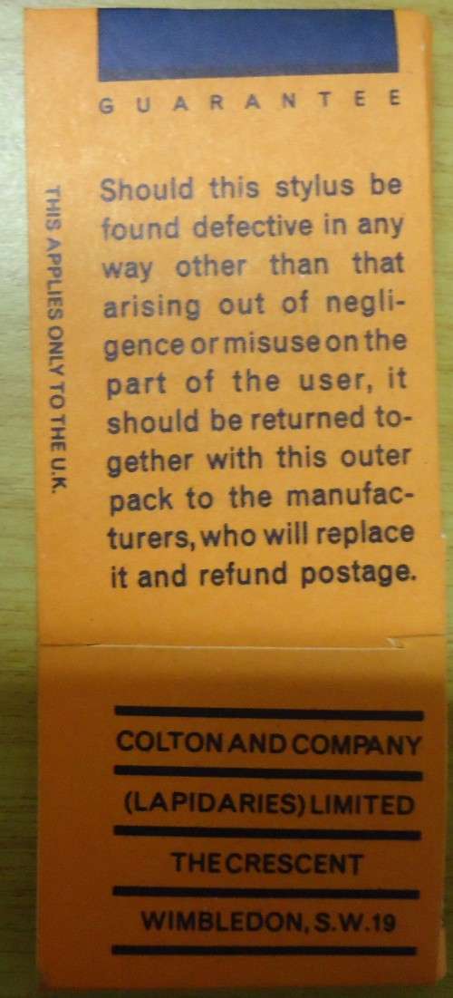 TEPPAZ VISSEAU LP. RECORD PLAYER NEEDLE-COLTON STYLUS - 16, 33 1/3 + 45 RPM -MADE IN ENGLAND