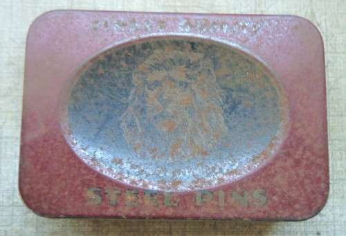 TIN OF BRASS WRITING PEN NIBS & A TIN LION OF FINEST QUALITY STEEL PINS