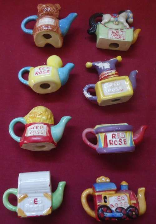 RED ROSE (CANADA) TEA MINIATURE TEAPOTS- TOY CHEST SERIES 1990'S  - COMPLETE SET OF 8 SEALED IN PKS