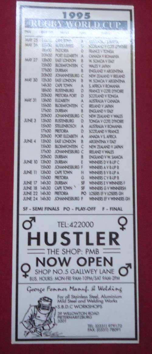 RUGBY WORLD CUP SOUTH AFRICA 1995 - POOLS AND GAME TIMES - SPONSORED BY HUSTLER