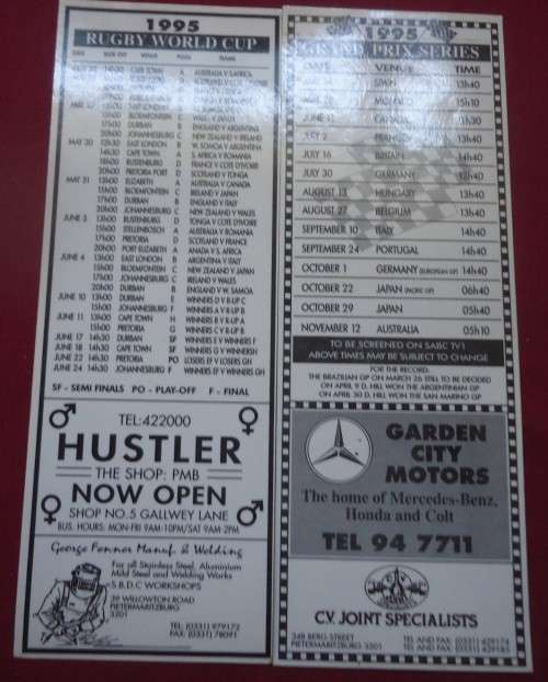 RUGBY WORLD CUP SOUTH AFRICA 1995 - POOLS AND GAME TIMES - SPONSORED BY HUSTLER