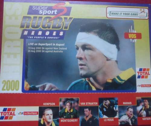 SIGNED SPRINGBOK RUGBY ANDRE VOS - 2000 COMPETITION CARD SPONSORED BY SUPERSPORT
