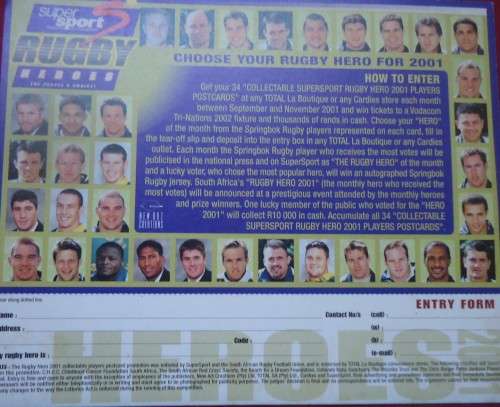 SPRINGBOK RUGBY -RUGBY HEROES - 2001 COMPETITION CARD SPONSORED BY SUPERSPORT