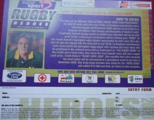 SPRINGBOK RUGBY - PERCY MONTGOMERY - 2000 COMPETITION CARD SPONSORED BY SUPERSPORT