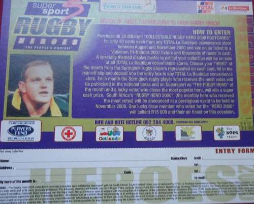 SPRINGBOK RUGBY -ROBBI KEMPSON - 2000 COMPETITION CARD SPONSORED BY SUPERSPORT