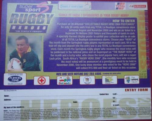 SPRINGBOK RUGBY -ANDRE VENTER - 2000 COMPETITION CARD SPONSORED BY SUPERSPORT
