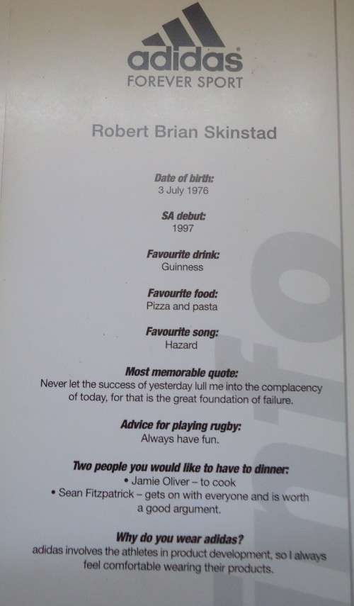 ADIDAS -BOBBY SKINSTAD - INFORMATION CARD AND PICTURE