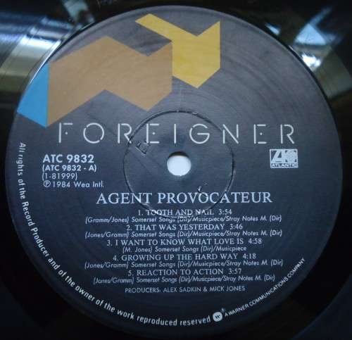 FOREIGNER - AGENT PROVOCATEUR -1984 WEA LP ATC 9832 WITH INNER SLEEVE