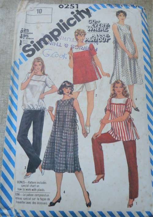 SIMPLICITY PATTERNS 6251 MATERNITY PULL-ON PANTS/SHORTS, DRESS/TOP SIZE 10 COMPLETE & UNCUT
