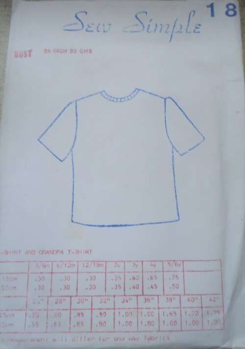 SEW SIMPLE PATTERNS # 18 T SHIRT SIZE  BUST 36" OR 92 CM