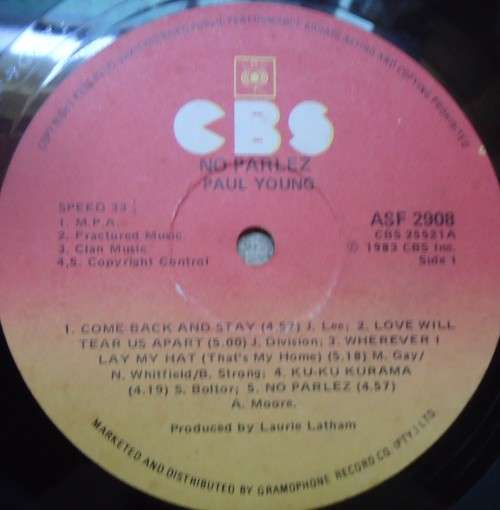 PAUL YOUNG - NO PARLEZ- 1983 CBS VINYL LP ASF 2908