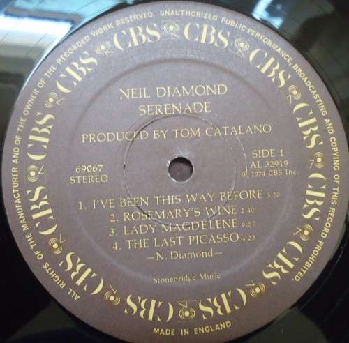 NEIL DIAMOND - SERENADE- 1974 CBS VINYL LP 69067 MADE IN ENGLAND WITH INNER SLEEVE