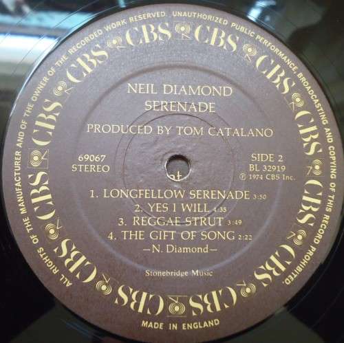 NEIL DIAMOND - SERENADE- 1974 CBS VINYL LP 69067 MADE IN ENGLAND WITH INNER SLEEVE