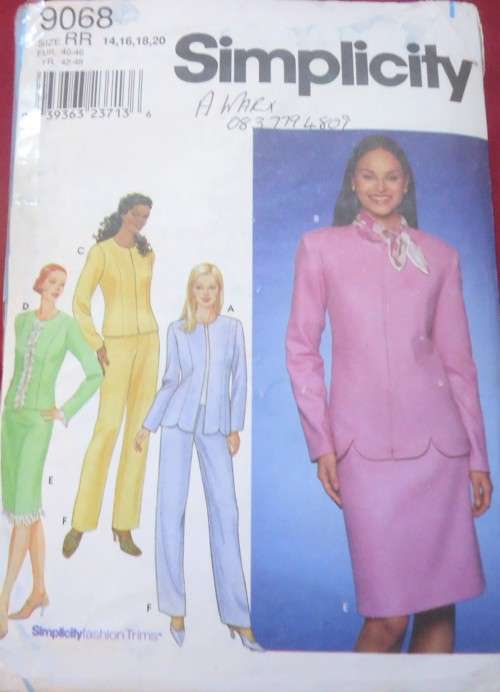SIMPLICITY PATTERNS 9068  JACKET-SKIRT- PANTS SIZE RR14+16+18+20 COMPLETE