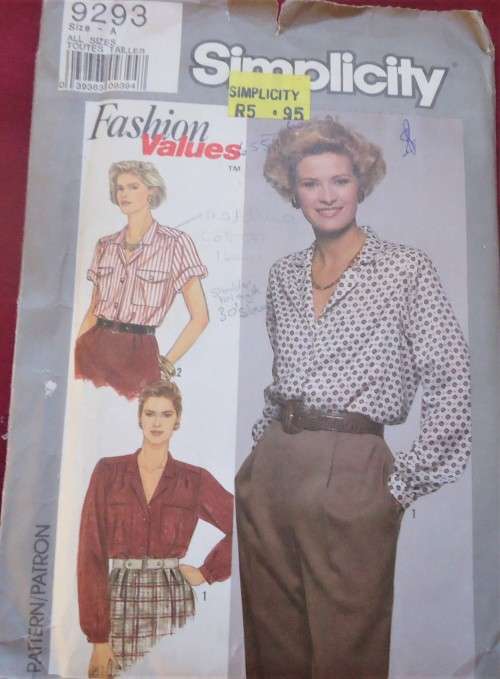 SIMPLICITY PATTERNS 9293 BLOUSE SIZE A = 8 - 18 COMPLETE