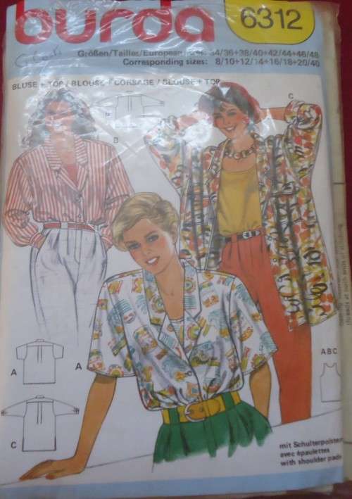BURDA PATTERN 6312 BLOUSE/SHIRT & TOP SIZES =8 - 40- COMPLETE
