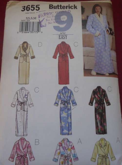 BUTTERICK  PATTERN 3655 DRESSING GOWNS SIZES XS,S & M ( 6- 14)  COMPLETE