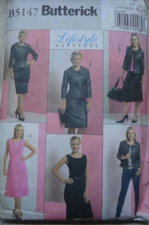BUTTERICK  PATTERN B5147 JACKET, TOP, DRESS & SKIRT  SIZE E5=16+18+20+22+24 NO SEWING INSTRUCTIONS
