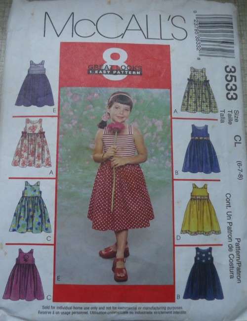 McCALL'S PATTERNS 3533 -GIRL'S DRESSES SIZE CL = 6 + 7 + 8 YEARS  COMPLETE