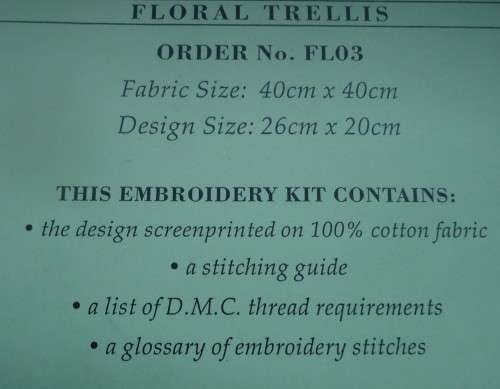 UNUSED EMBROIDERY KIT - FLORAL TRELLIS - Fabric Size 40 cm x 40 cm by AMBLETON EMBROIDERIES