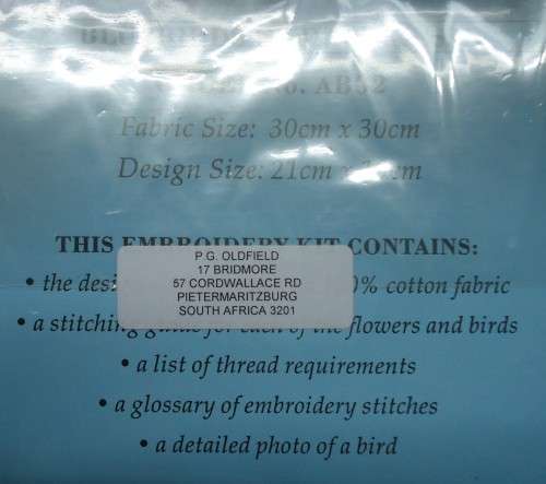 UNUSED EMBROIDERY KIT - BLUEBIRDS OF HAPPINESS - Fabric Size 30 cm x 30 cm by AMBLETON EMBROIDERIES