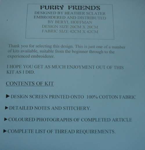 UNUSED EMBROIDERY KIT - FURRY FRIENDS - Fabric Size 42 cm x 42 cm by JUST HEIRLOOMS