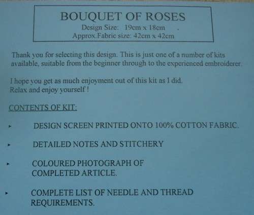 UNUSED EMBROIDERY KIT - BOUQUET OF ROSES - Fabric Size 42 cm x 42 cm by JUST HEIRLOOMS