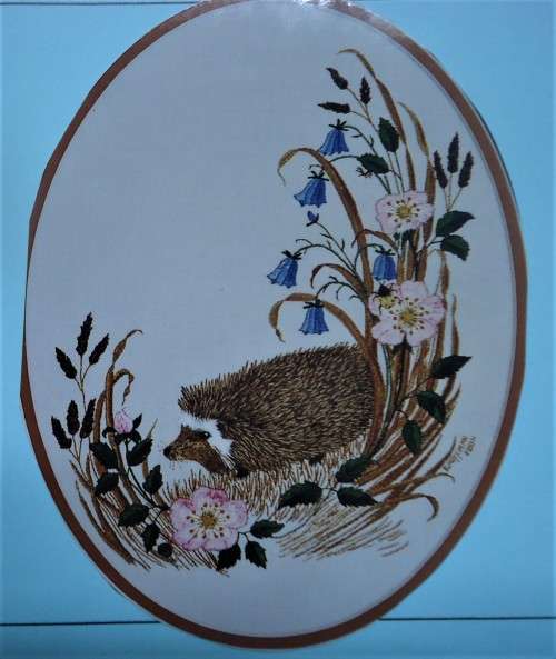 UNUSED EMBROIDERY KIT - HEDGEHOG AND HAREBELLS - Fabric Size 42 cm x 56 cm by JUST HEIRLOOMS