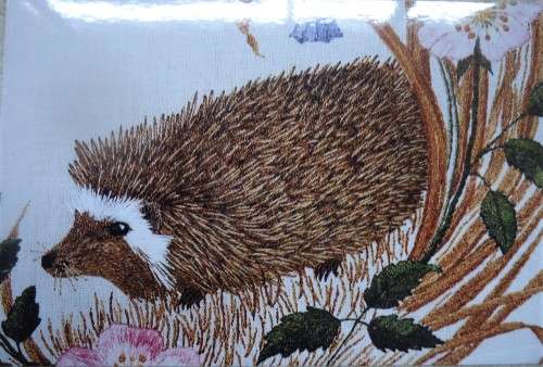 UNUSED EMBROIDERY KIT - HEDGEHOG AND HAREBELLS - Fabric Size 42 cm x 56 cm by JUST HEIRLOOMS