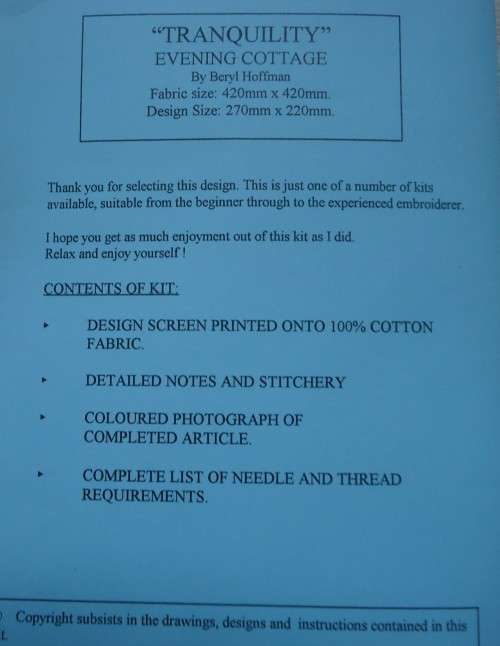 UNUSED EMBROIDERY KIT - "TRANQUILITY" EVENING COTTAGE - Fabric Size 42 cm x 42 cm by JUST HEIRLOOMS