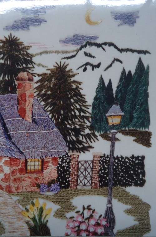 UNUSED EMBROIDERY KIT - "TRANQUILITY" EVENING COTTAGE - Fabric Size 42 cm x 42 cm by JUST HEIRLOOMS