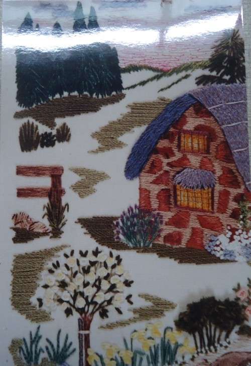UNUSED EMBROIDERY KIT - "TRANQUILITY" EVENING COTTAGE - Fabric Size 42 cm x 42 cm by JUST HEIRLOOMS