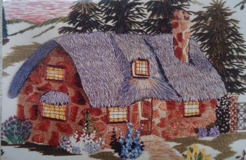 UNUSED EMBROIDERY KIT - "TRANQUILITY" EVENING COTTAGE - Fabric Size 42 cm x 42 cm by JUST HEIRLOOMS