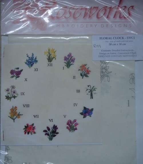 UNUSED EMBROIDERY KIT FLORAL CLOCK - Fabric Size 45 cm x 45 cm by ROSEWORKS EMBROIDERY DESIGNS