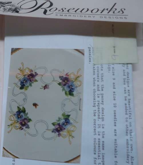 EMBROIDERY KIT-PANSIES WITH RIBBONS+ ALL THREADS Size 40 cm x 40 cm by ROSEWORKS EMBROIDERY DESIGNS