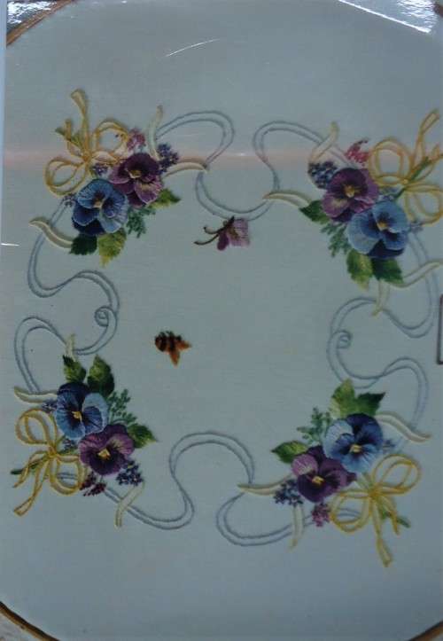 EMBROIDERY KIT-PANSIES WITH RIBBONS+ ALL THREADS Size 40 cm x 40 cm by ROSEWORKS EMBROIDERY DESIGNS