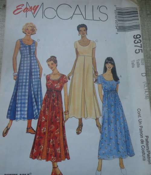 McCALLS PATTERN 9375 EMPIRE DRESS SIZE D = 12 + 14 + 16 COMPLETE