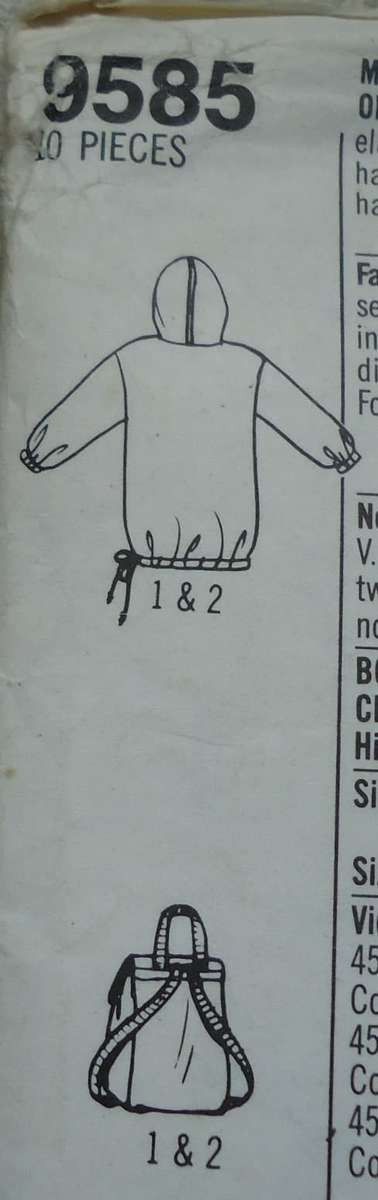 SIMPLICITY PATTERN 9585 MEN'S OR BOY'S OVERSIZE PULLOVER JACKET & BACKPACK SIZE A=34 - 48"COMPLETE