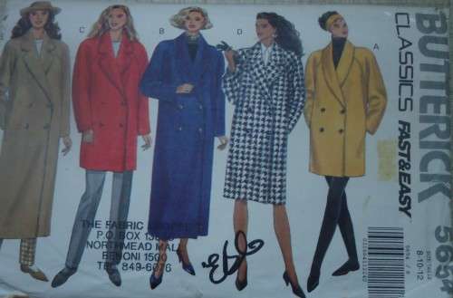 BUTTERICK  PATTERN 5654 LONG & SHORT COAT  SIZE 8 + 10 + 12 COMPLETE