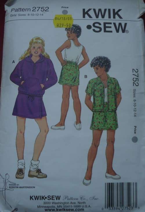 KWIK SEW PATTERNS 2752 GIRL'S SKORT & TOPS SIZES 8+10+12+14 YEARS SEE DESCRIPTION