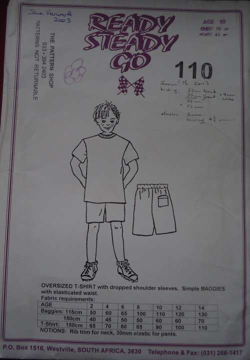 READY-STEADY-GO PATTERN - #110 OVERSIZE T SHIRT & BAGGIES- SIZE 10 YEARS CHEST 70 CM