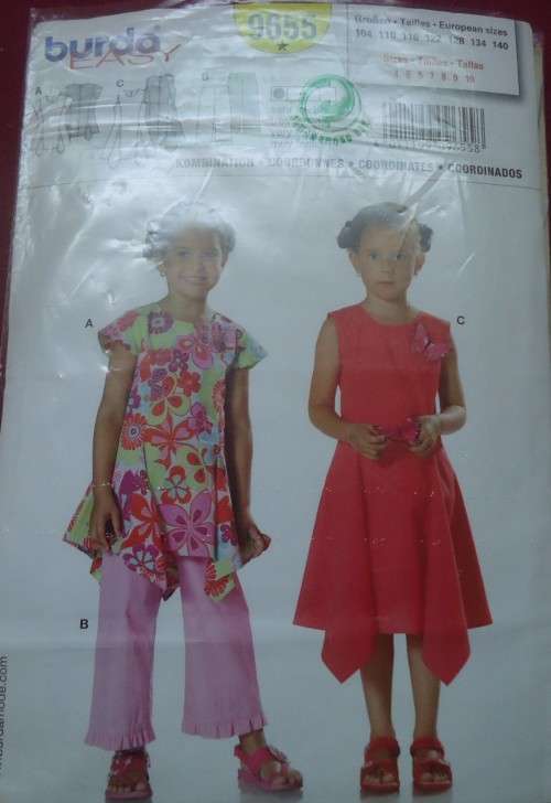 BURDA PATTERN 9655 GIRLS HANDKERCHIEF DRESS OR TOP AND PANTS SIZES 4+5+6+7+8+9+10 YEARS COMPLETE