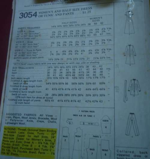 VINTAGE McCALL'S PATTERN 3054 DRESS OR TUNIC & PANTS SIZE 161/2 BUST 39" COMPLETE
