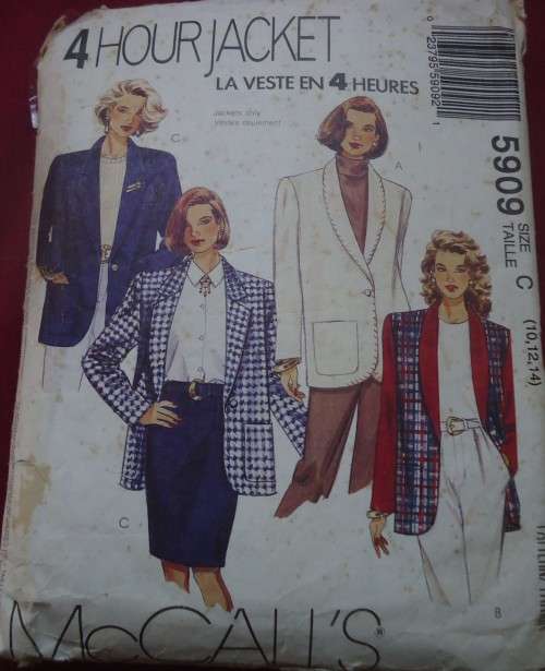 McCALL'S PATTERN 5909 LINED OR UNLINED JACKET  SIZE C=10+12+14 - COMPLETE
