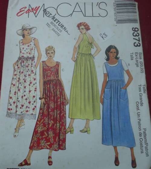 McCALL'S PATTERN 9373  HIGH WAISTED SLEEVELESS DRESS SIZE X LARGE = 20 + 22 COMPLETE