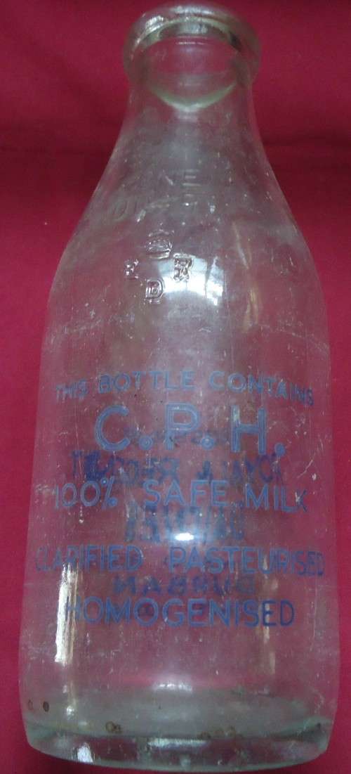 THREE DIFFERENT VINTAGE GLASS MILK BOTTLES -TWO PINT SIZE BOTTLES AND A QUART