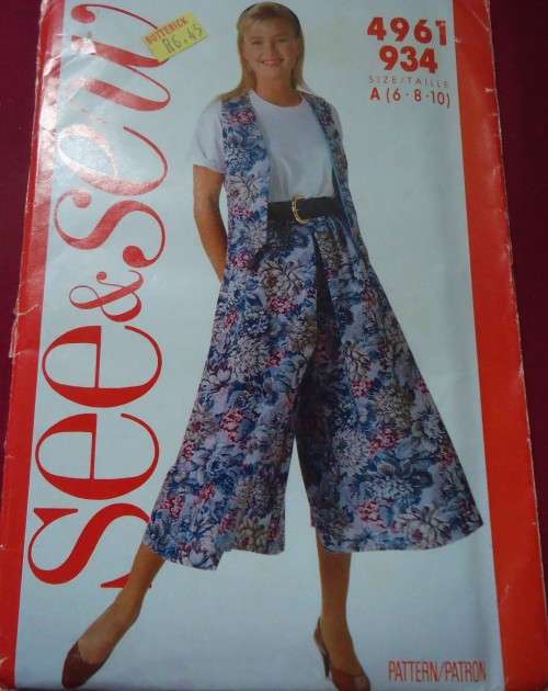 BUTTERICK PATTERN 4961/934 WAISTCOAT & CULOTTES SIZE A  6 + 8 + 10 COMPLETE-UNCUT-F/FOLDED