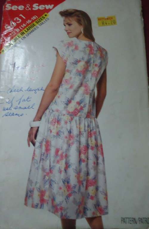BUTTERICK PATTERN 5631 DRESS WITH DROPPED WAIST  SIZE B = 14 + 16 + 18 COMPLETE - CUT TO SIZE 14