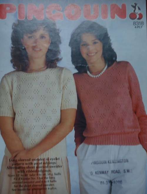 PINGOUIN #8318 LONG & SHORT SLEEVE SWEATER IN EYELET PATTERN-32 - 40"